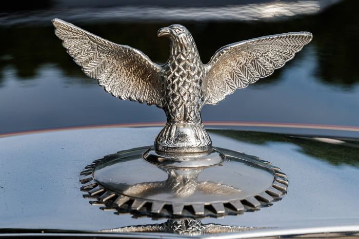 Verchromte Adler-Kühlerfigur eines Oldtimers im Gegenlicht
